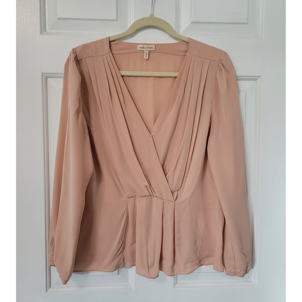 Rebecca‎ Taylor 100% Silk Blouse Women's 12 Blush Pink Draped Pleated Romantic